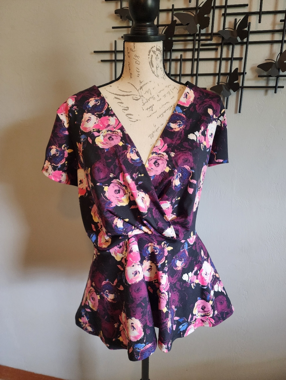3 For $15! Black Floral Peplum Blouse